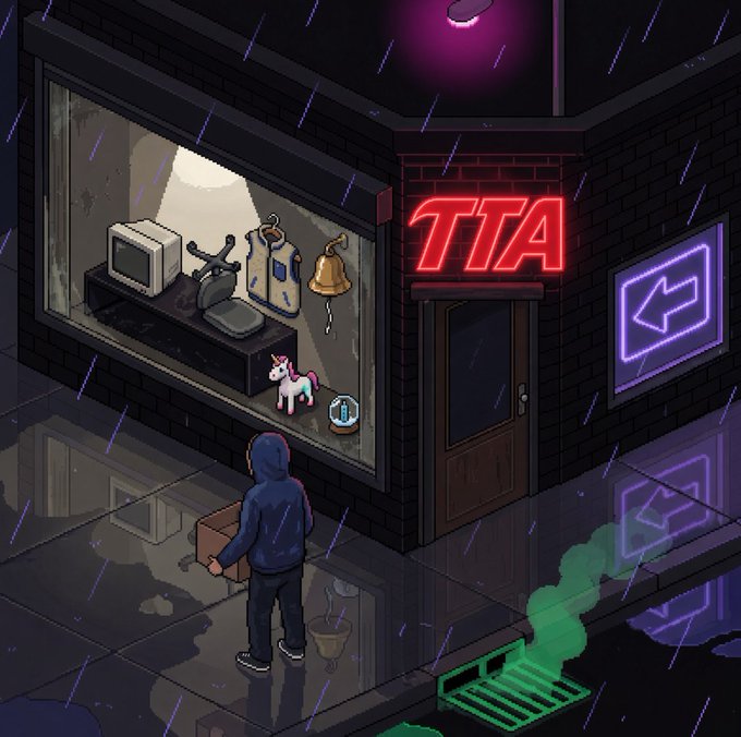 A pixel-art illustration depicts a hooded figure in a dark hoodie holding a box outside a shop with a red neon "TTA" sign above the door, while various items (a bell, VR headset, unicorn figurine, and old computer) are displayed in the illuminated window during a rainy night.