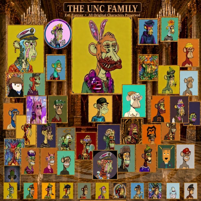 A collage titled 'THE UNC FAMILY - EST. FOREVER - All Original Characters Preserved' displaying numerous cartoon-style monkey and ape characters in various artistic styles.