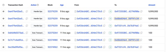 A blockchain transaction history showing Handle Ops and Exec Transaction actions from address 0xC8c6Abca...604eC7Dc5, including transfers of 9,999,900 and 100 tokens across various blocks.