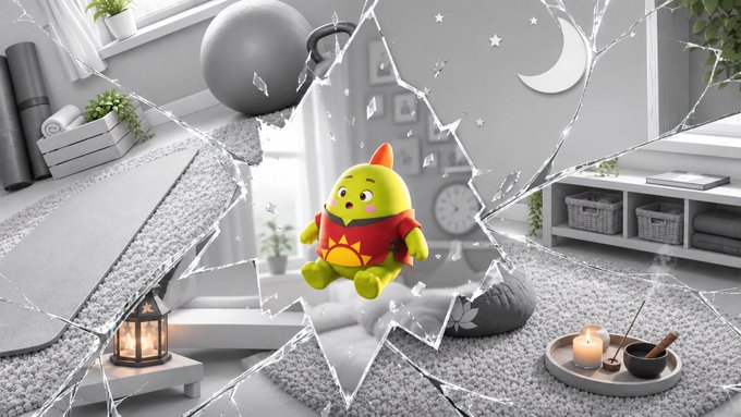 A whimsical 3D render of a small green dragon-like creature in a red shirt breaking through cracked glass into a cozy living room scene with plants and candles.