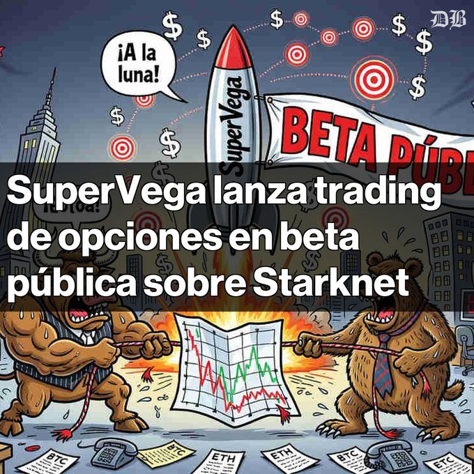 A cartoon illustration promoting SuperVega's public beta launch of options trading on Starknet, featuring a rocket labeled "SuperVega", a bull and bear wrestling over a stock chart, and Spanish text "SuperVega lanza trading de opciones en beta pública sobre Starknet" with "¡A la luna!" in a speech bubble.