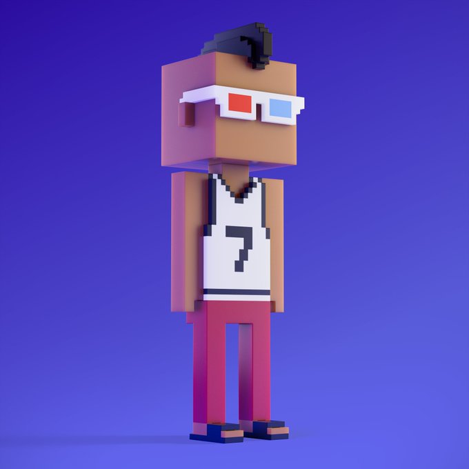 A 3D voxel/blocky character model wearing 3D glasses, a white jersey with the number 7, and red pants against a solid purple background.