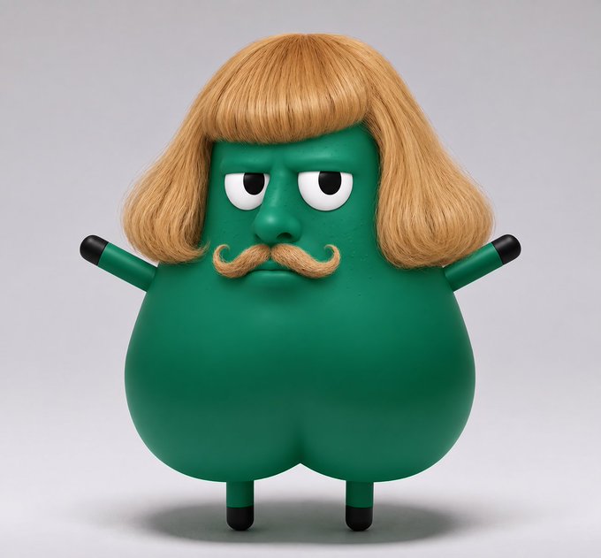 A 3D rendering of a green, round character with a blonde bob haircut and mustache.
