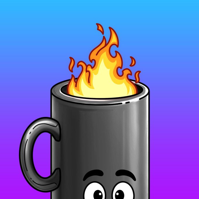 An illustration of a black coffee mug with a cartoon face, featuring flames coming out of the top against a blue to purple gradient background.