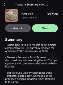 This image shows the "$TrumpCoin" trending on the Pumpfun app, with a market cap of $1.5M, highlighting its connection to potential commemorative US currency for America's 250th anniversary.