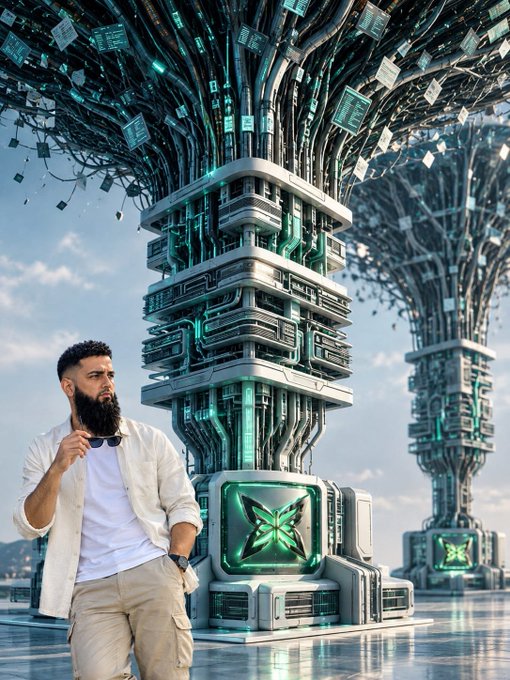 A man with a beard in a white shirt and beige pants stands next to futuristic tree-shaped structures made of metallic circuitry with green glowing accents.