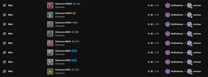 A screenshot of an NFT marketplace shows various 'Octocore' items (#1083, #1045, #1001, #918, #844, #842, #766, #752) all minting for 0.01 ETH.