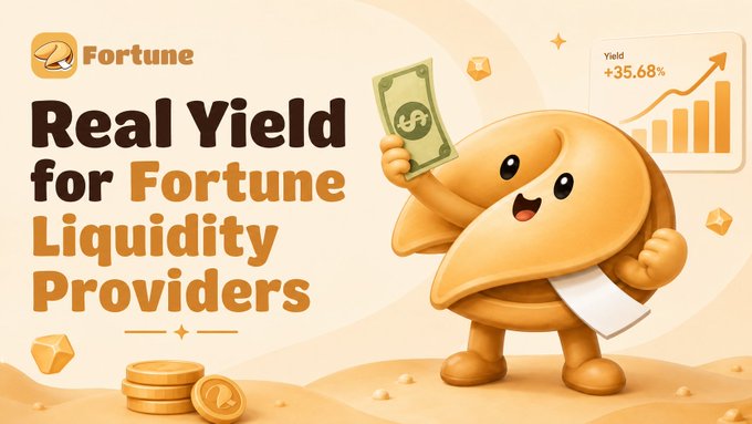 The image is a promotional banner for Fortune, featuring a cheerful golden coin mascot holding cash, with the headline "Real Yield for Fortune Liquidity Providers" and a chart showing "+35.68% Yield."

The banner visually reinforces the post's message by contrasting genuine, fee-based protocol rewards ("real yield") with inflated emission-based returns—using the prominent +35.68% figure as an example of authentic yield that liquidity providers can earn through Fortune's protocol.
