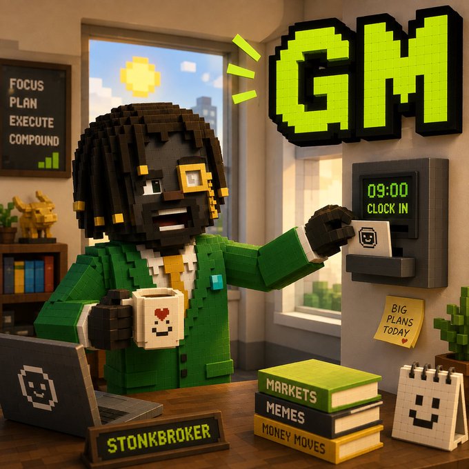 A voxel-style Lego character with a beard, monocle, and green suit named "STONKBROKER" holds a pixelated coffee mug while clocking in at a wall-mounted punch clock displaying "09:00 CLOCK IN," beneath a glowing yellow "GM" sign and beside books labeled "MARKETS," "MEMES," and "MONEY MOVES." The image visually reinforces the post's call-to-action by pairing the casual "GM" greeting with the workspace of the "Stonkbroker" being promoted.
