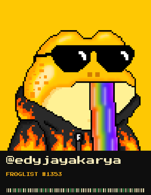 A pixel art graphic featuring a yellow frog wearing sunglasses and a flame-patterned hoodie, vomiting a rainbow, with the text "@edyjayakarya" and "FROGLIST #1353" below.