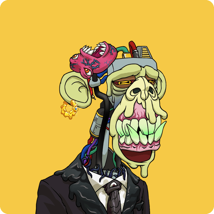 The image features a cartoon monkey wearing a suit, tie, and earrings with a pink headband. The monkey appears to be wearing a mask or costume that gives it an evil appearance. The background of the image is yellow, which contrasts with the colorful attire of the monkey. The caption below the image reads: "Mutant #21425 Bought for 2.14 WETH 0xe7c6...b95f 0x1f92...Bc97 etherscan.io/tx/0x23bfe2d10 ... Return to Monke: opensea.io/collection/mut ...", which suggests that the monkey is a collector's item or a unique piece of art.