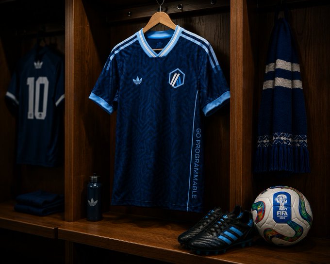 The image features a soccer ball, two sports balls, and a blue soccer jersey hanging from a wooden hanger. There are also two sports balls placed next to each other on the floor. The focus of the image is on the soccer ball and its position in front of the blue soccer jersey.