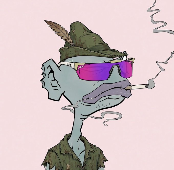 A cartoon illustration of a blue-skinned character wearing a green hat with a feather, pink reflective sunglasses, and smoking a cigarette.
