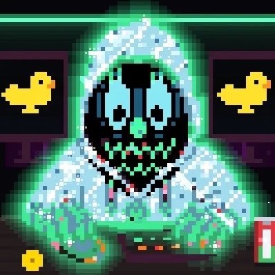 A pixel art scene shows a hooded figure with a glowing green mask in front of two monitors displaying yellow duck icons, illuminated by a bright green light.