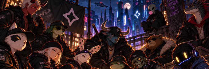A detailed digital illustration showing a group of anthropomorphic animal characters and a human-like figure in a dark, neon-lit cyberpunk cityscape with a large moon and signs reading 'STAY OUTSIDE THE LINES'.