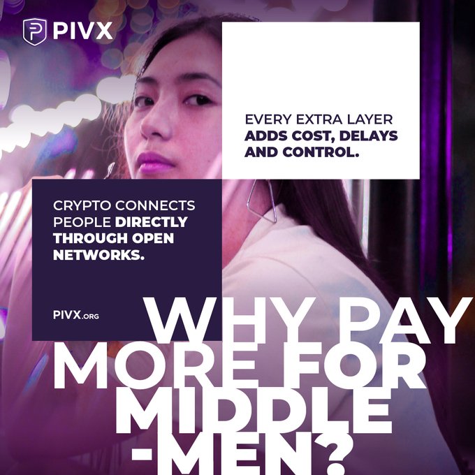 A young woman looks contemplatively at the camera against a backdrop of purple and blue city lights, overlaid with bold text reading "WHY PAY MORE FOR MIDDLE-MEN?" alongside messaging from PIVX (pivx.org) highlighting how "every extra layer adds cost, delays and control" while crypto "connects people directly through open networks." The image visually reinforces the post's theme by suggesting a moment of realization that traditional intermediaries add unnecessary cost and complexity, making crypto's direct peer-to-peer approach an appealing alternative.
