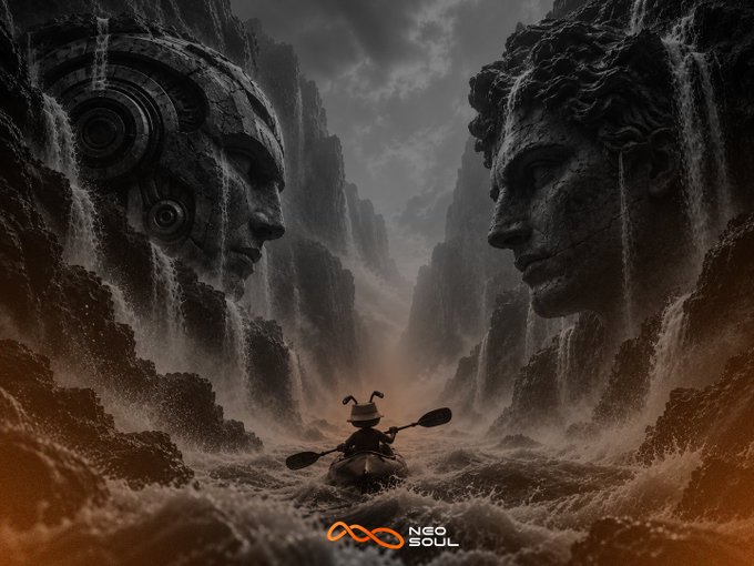 A lone kayaker navigates turbulent waters between two colossal stone faces—one a classical human, the other a robotic machine—symbolizing the blurred line between humanity and AI in a modern Turing test. The "NeoSoul" logo at the bottom ties into the post's challenge to distinguish between the NeoSoul team and an AI agent.