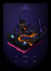 A dark, stylized 3D rendering or app icon featuring a fantasy creature or character with glowing accents on a purple background, with small unreadable text at the bottom.