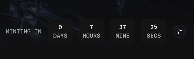 A countdown timer displayed on a dark background showing 'MINTING IN' with 0 days, 7 hours, 37 minutes, and 25 seconds remaining, alongside a small directional arrow icon.