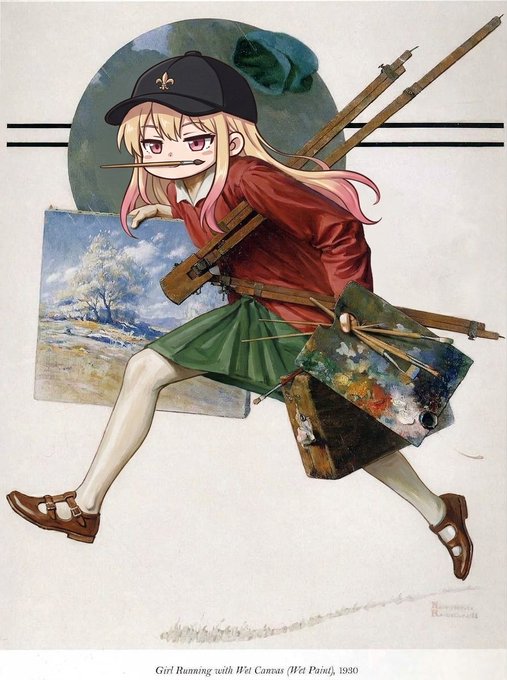 An anime-style illustration of a blonde girl in a red sweater and green pleated skirt running with art supplies; text below reads 'Girl Running with Wet Canvas (Wet Paint), 1990'.