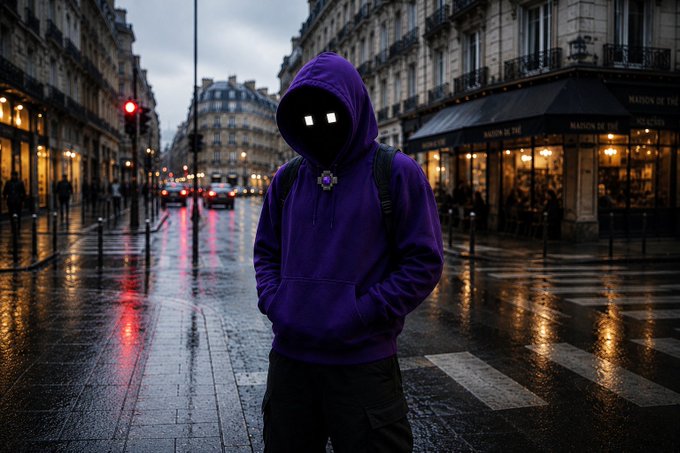 A person wearing a purple hoodie and a dark mask with white rectangular eye openings stands on a wet city street at night with Parisian-style architecture in the background.