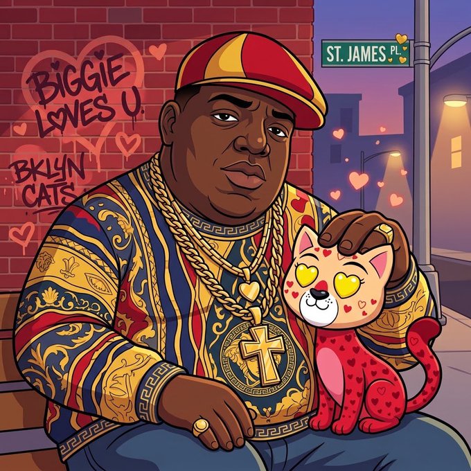 A stylized cartoon illustration of a heavyset man resembling Notorious B.I.G. in gold chains and a red/yellow cap, petting a heart-decorated cat on a street with a 'ST. JAMES PL.' sign and graffiti reading 'BIGGIE LOVES U. BKLYN CATS'.