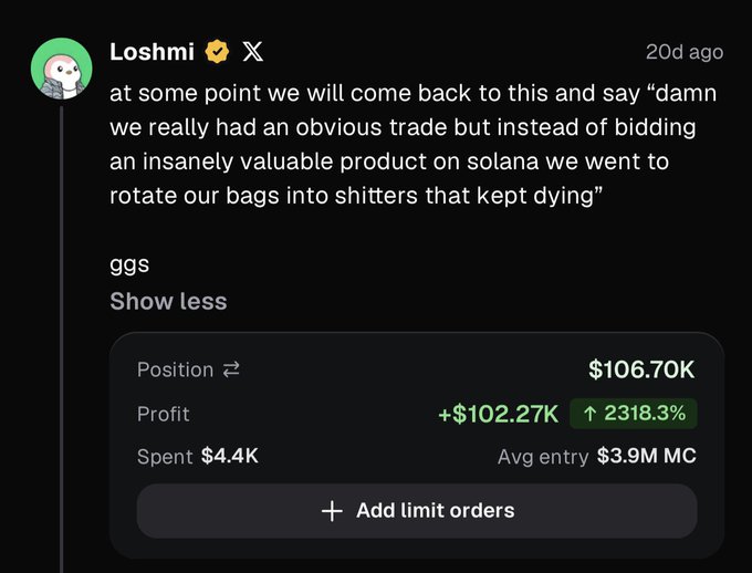 A tweet from Loshmi discusses cryptocurrency trading regrets, showing a position worth $106.70K with a profit of +$102.27K (2318.3%) from a $4.4K spend, with an average entry of $3.9M MC.