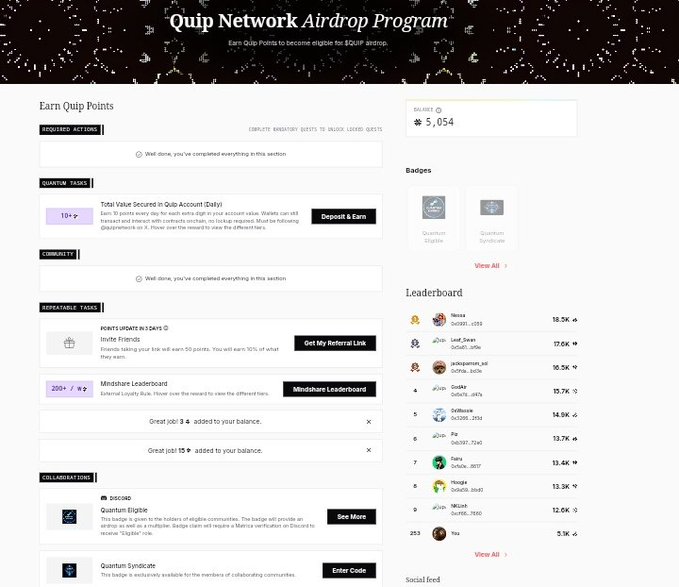 The image is a screenshot from Quip Network's Airdrop Leaderboard showcasing several points awarded for participating in an Airdrop program run by Quip Network. The page features a white color scheme, with black text providing the necessary information about the leaderboard. There are multiple points given out, but only five can be found at the bottom of the page. Some names such as 'John', 'Samuel', and other names appear to have been used in various contexts within the Airdrop program, indicating that this is an important event for users involved with the Quip network.