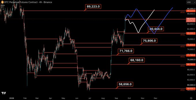 A BTC Perpetual Futures Contract 4-hour chart from Binance showing key price levels including $89,223.0, $80,444.0, $75,806.0, $71,766.0, $68,160.0, and $58,656.0, with a blue projection line indicating a potential re-test around $80,000 — aligning with the post's expectation of a clean re-test at that level following an initial move toward $89,000.