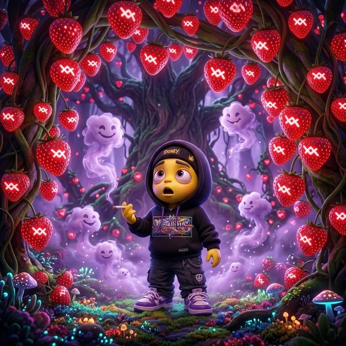 A whimsical digital artwork features a yellow character in a black hoodie standing in a magical forest surrounded by glowing purple ghost faces and large red strawberries marked with white 'X' symbols.