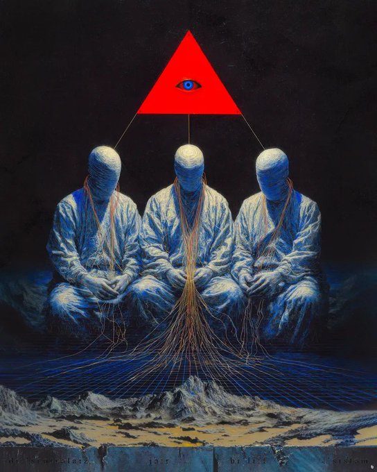 A surreal painting featuring three bandaged, seated figures in blue garments connected by orange threads to a red triangle containing an eye, set against a dark background.