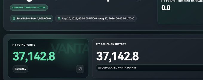 Dashboard interface displaying 'My Total Points' of 37,142.8 with a Rank of #84 under a current campaign labeled VANTA.