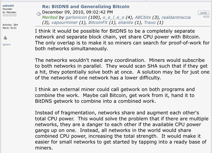 A forum post dated December 09, 2010, titled "Re: BitDNS and Generalizing Bitcoin" discusses the possibility of BitDNS sharing CPU power with Bitcoin networks.