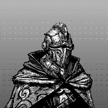 A black and white halftone/dotted pixel art portrait of a mysterious cloaked figure wearing a hood and an ornate helmet with intricate patterns.