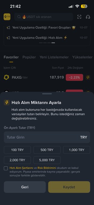 A screenshot of a cryptocurrency trading app in Turkish, showing a quick purchase setup menu for PAXG (PAX Gold) priced at 187,919 TRY with options to set purchase amounts.