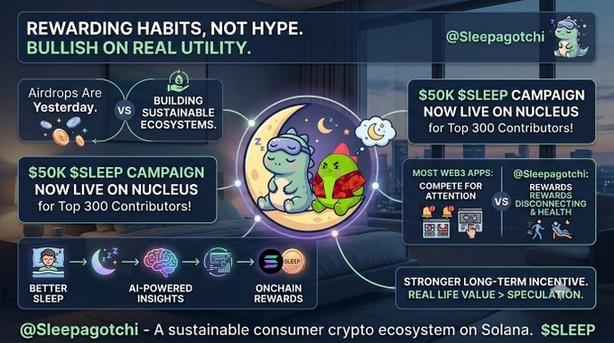 An infographic for "@Sleepagotchi" promoting "REWARDING HABITS, NOT HYPE. BULLISH ON REAL UTILITY" and a "$50K $SLEEP CAMPAIGN NOW LIVE ON NUCLEUS", featuring cartoon characters sleeping on a moon.