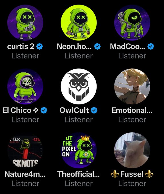 The image shows a Discord server member list featuring nine users (curtis 2, Neon.ho..., MadCoo..., El Chico, OwlCult, Emotional..., Nature4m..., Theoffcial..., and Fussel) all holding the "Listener" role, with most avatars displaying green character artwork or related imagery. The shared "Listener" role and collection of accounts ties into the post's ominous declaration "They will soon know us," suggesting a coordinated group or community positioned to gain wider attention.