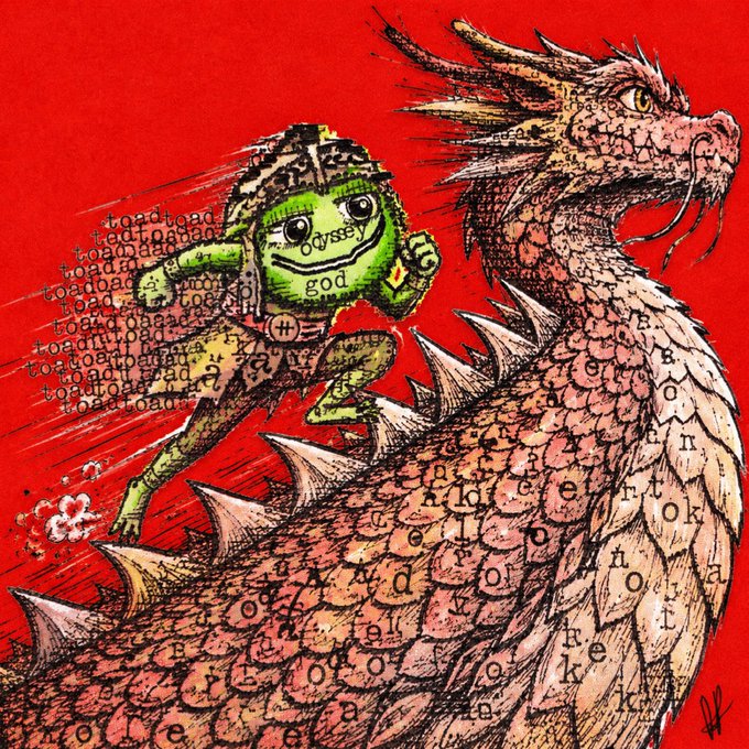 A green cartoon toad wearing a helmet labeled "god" rides a massive scaly dragon against a vivid red background, with the word "toad" repeated like a battle chant behind it. The image mirrors the post's defiant tone—evoking a scrappy underdog charging into the trading week to "rinse everyone" and run the chaos back, with the dragon and "god" toad symbolizing relentless bullish (or ruthless) momentum before markets open.