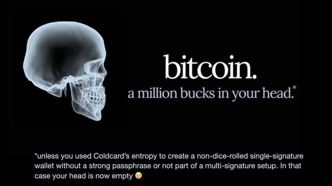 The image features an X-ray style skull with the bold caption "bitcoin. a million bucks in your head*" on a black background, referencing the popular notion that memorizing a 12-word seed phrase gives full control over one's Bitcoin. A disclaimer at the bottom warns this only applies to Coldcard-generated entropy wallets with strong passphrases or multi-sig setups—otherwise, as the skull suggests, "your head is now empty 😭." The graphic visually reinforces the post's question by highlighting the risks of treating seed phrase memorization as foolproof.