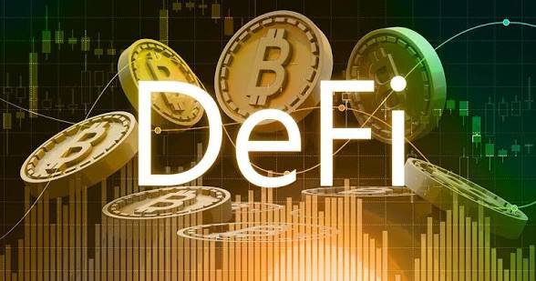 Gold Bitcoin coins surround the bold white "DeFi" text, set against a backdrop of financial charts and trading graphs. The image visually reinforces the post's message about Bitcoin-backed collateral signaling a maturation of decentralized finance, as the prominent BTC coins highlight its growing role as financing collateral beyond mere holding.