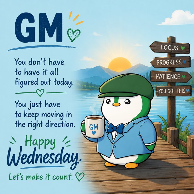 An illustrated 'GM' motivational graphic features a penguin mascot in a blue suit holding a coffee mug, with text reading 'Happy Wednesday. Let's make it count' and signs for 'Focus,' 'Progress,' 'Patience,' and 'You Got This.'