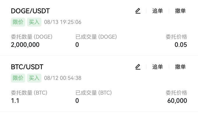 A cryptocurrency exchange order history showing an unfilled DOGE/USDT limit buy order for 2,000,000 DOGE at $0.05, and an unfilled BTC/USDT limit buy order for 1.1 BTC at $60,000.