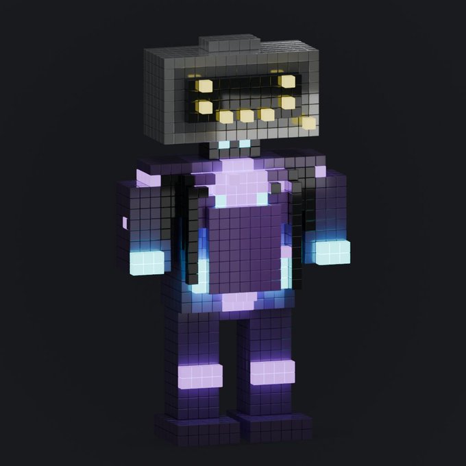 A voxel-style 3D character with a large TV-like monitor for a head displaying a pixelated yellow smiley face, wearing a purple and black blocky outfit against a dark background. The image appears to be promotional artwork related to the "rootbotsEXE" NFT drop mentioned in the post, likely depicting the project's mascot or character for the 40 GTD spot giveaway.