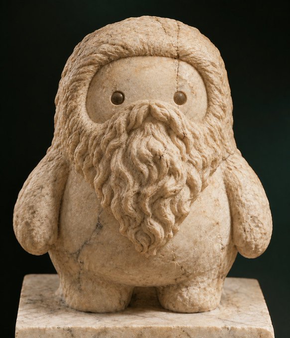 A 3D-rendered or carved stone figure of a bearded character resembling an ancient statue or doll, displayed on a marble pedestal against a dark background.