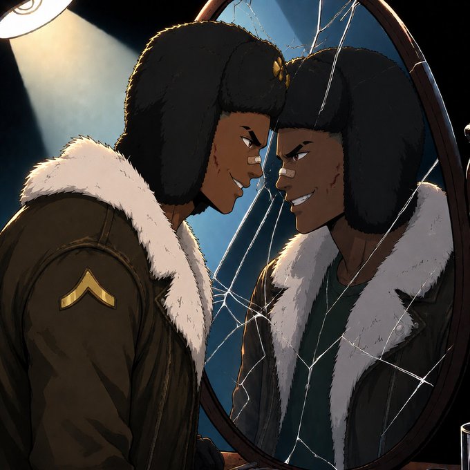 An illustrated character with dark curly hair wearing a fur-collared jacket with a chevron insignia, looking at their reflection in a cracked mirror with an intense expression.