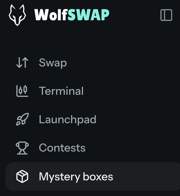 Screenshot of the WolfSwap app menu showing navigation options: Swap, Terminal, Launchpad, Contests, and Mystery boxes.