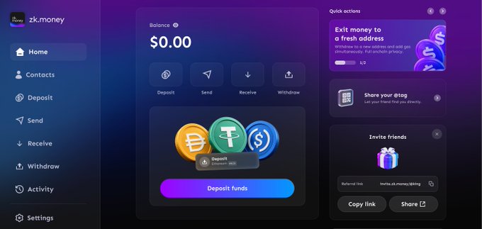 A screenshot of the zk.money cryptocurrency wallet dashboard showing a $0.00 balance, options for Deposit, Send, Receive, and Withdraw, along with quick action panels.
