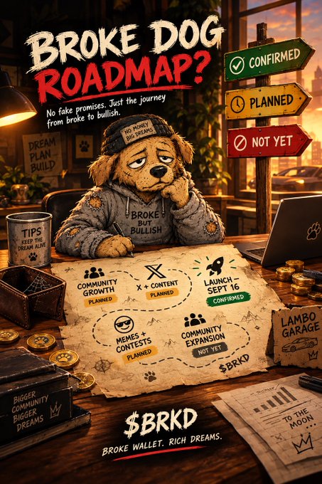A roadmap poster for '$BRKD' titled 'BROKE DOG ROADMAP?' shows a sad-looking dog at a desk with notes on community growth, launch, and expansion, tagged 'BROKE WALLET. RICH DREAMS.'
