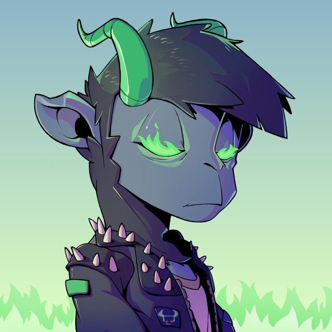 An illustrated character with gray skin, green glowing eyes, teal horns, and a spiked black jacket set against a soft blue-green gradient background.