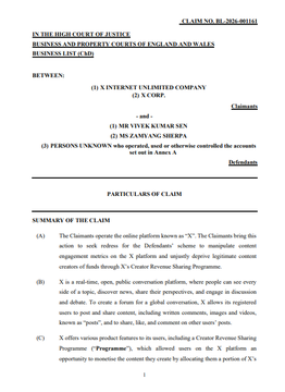 A High Court of Justice Business and Property Courts document outlining a Particulars of Claim involving X (formerly Twitter), X Corp., and Mr. Vivek Kumar Sen regarding a 'Creators Revenue Sharing Programme'.